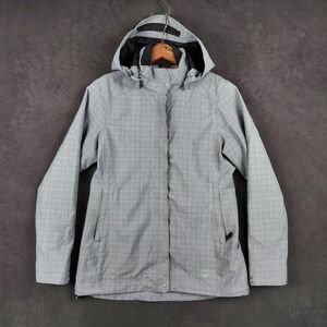 REI Madrona Hooded Rain Jacket Womens XS Gray Plaid Removable Hood Lightweight